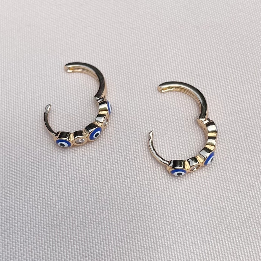14k Gold Filled Crystal Evil Eye Protection Huggie Earrings - Picture 3 of 3